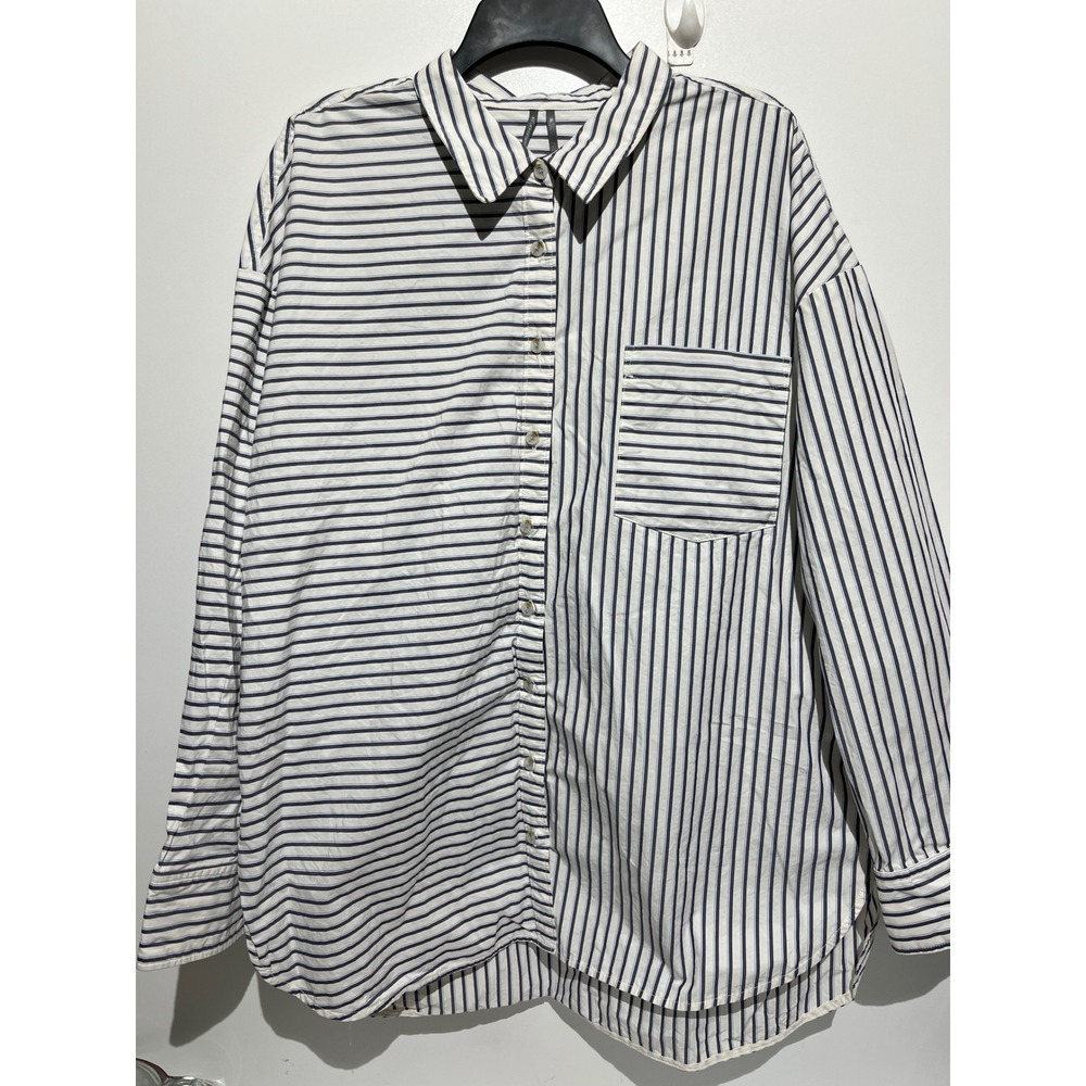 Anthropologie Mens XL Mixed Stripe Button Down Shirt Oversized Navy White Blue